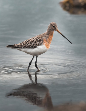 Black-tailed Godwit (Limosa limosa) wading in shallow waterの素材