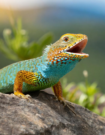 Lizard sitting on a rock with open mouth, close-upの素材