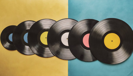 Vinyl records on a yellow and blue background. Retro style.の素材