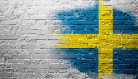 Sweden flag painted on brick wall texture. Sweden flag background.の素材