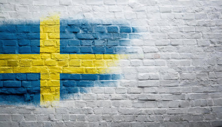 Flag of Sweden painted on brick wall, highly detailed textured backgroundの素材
