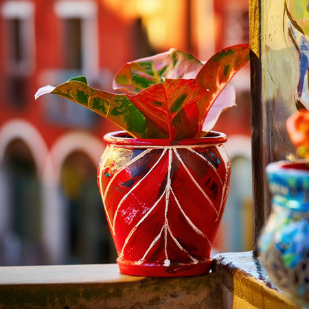 Colorful pot with plants on the windowsill in Venice, Italyの素材