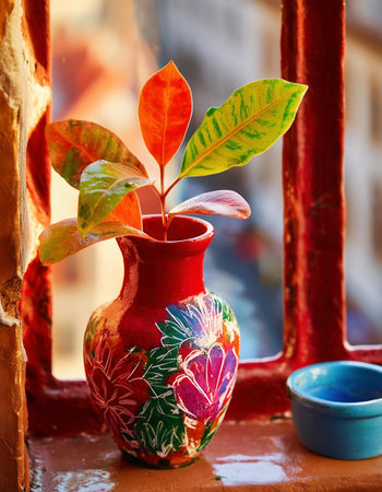 Colorful ceramic vase with a plant growing on a balcony.の素材
