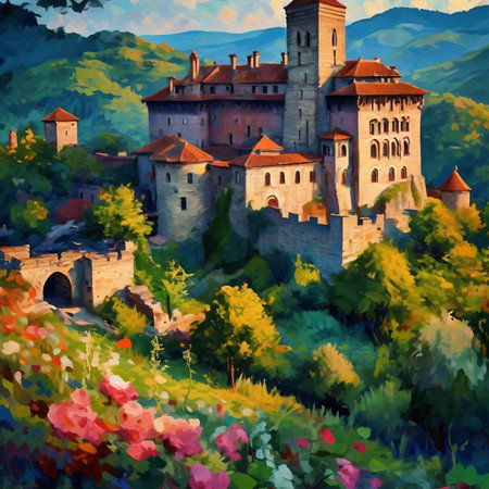Panoramic view of medieval castle in the mountains. Digital painting.の素材