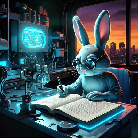 Fantasy portrait of a malevolent scientist rabbit with glasses taking notes in science fiction laboratory at nightの素材