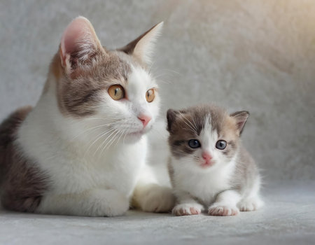 Cute little kitten and mother cat sitting on a white background.の素材