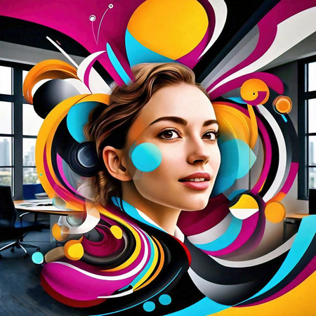 Portrait of beautiful young woman in office with colorful abstract painting.の素材
