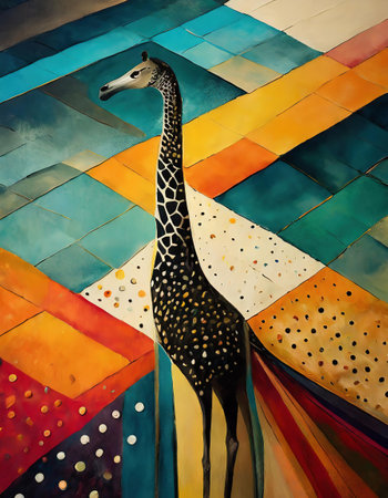 abstract illustration of a patterned giraffe on a multicolored african mosaic backgroundの素材