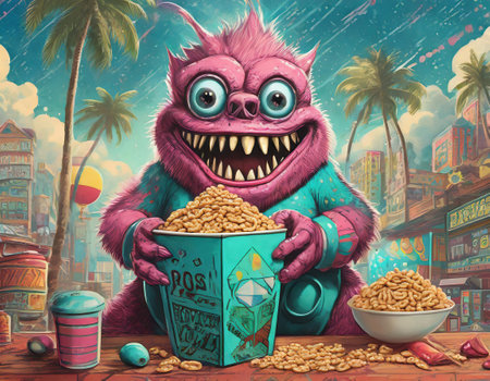 Funny monster with a bowl full of nuts, 3d illustrationの素材