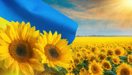 Sunflower field with flag of Ukraine. Blue sky with sunflowers.の素材