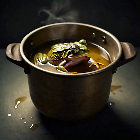 Frog in a pot of hot water on a black background.の素材