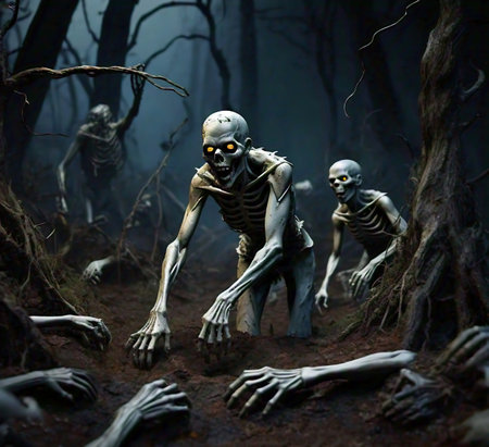 3D render of a spooky Halloween scene with skeleton in the forestの素材