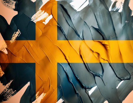 Sweden flag painted on metal surface. Abstract grunge background.の素材