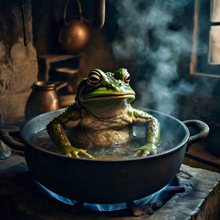 Frog in a cauldron of boiling water in the kitchen.の素材