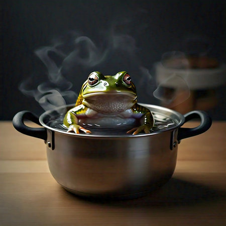 Frog in a pot of boiling water on a wooden table.の素材