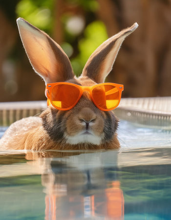 Rabbit wearing orange sunglasses in swimming pool, close-up.の素材