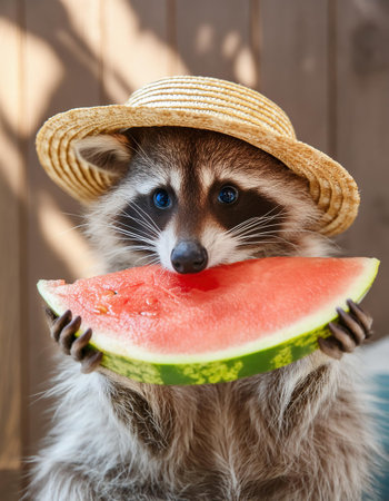 Cute raccoon in hat holding watermelon on wooden background.の素材