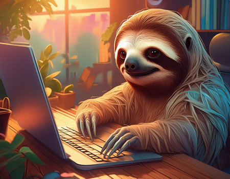 Funny cartoon sloth working on laptop at home. 3D renderingの素材