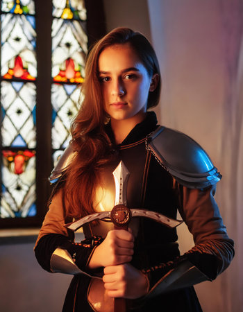 Portrait of a beautiful young woman in medieval armor holding a sword.の素材