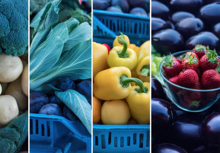 Collage of fresh fruits and vegetables. Healthy eating concept. Selective focus.の素材