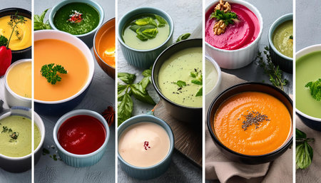 Colorful soups in bowls on gray background, top view.の素材