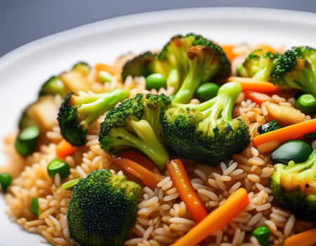 Vegetable stir fry with rice, broccoli, carrot and green peasの素材
