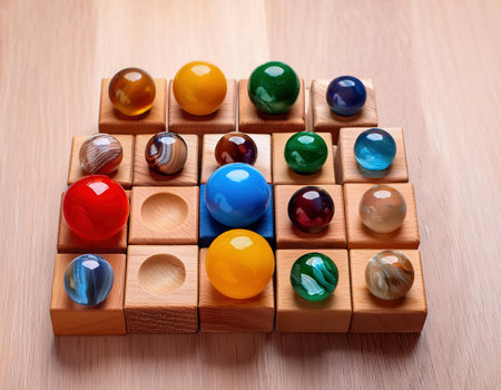 Wooden cubes with multicolored marbles on a wooden backgroundの素材