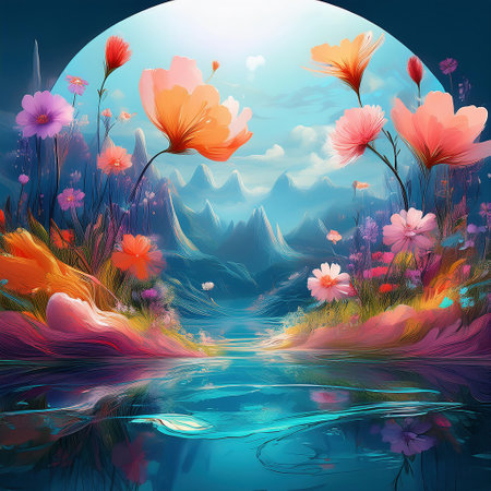 Beautiful fantasy landscape with flowers, clouds and pond. Vector illustration.の素材