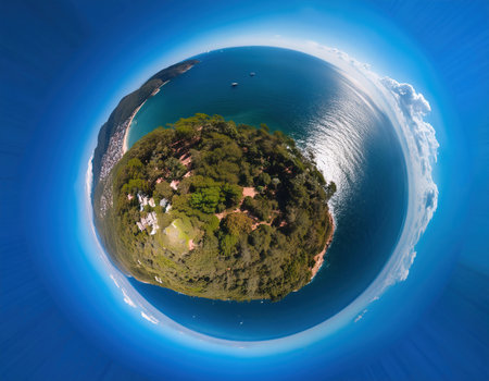 Aerial view of small island in the sea with blue sky.の素材