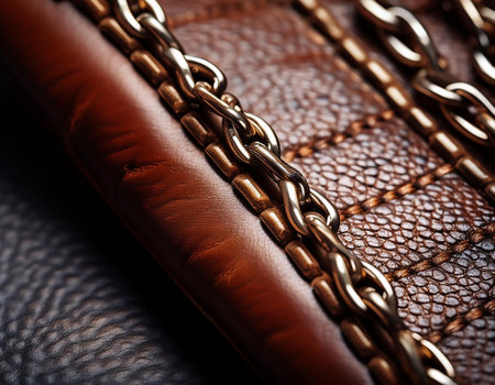 Close up of a golden chain on a brown leather bag. Shallow depth of field.の素材