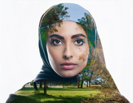 Portrait of beautiful muslim woman wearing hijab and looking at cameraの素材