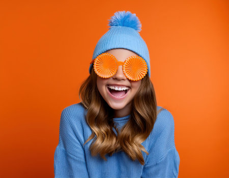 Portrait of a cheerful girl in a blue sweater, hat and sunglasses on an orange backgroundの素材