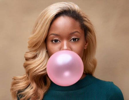 Young african american woman blowing a bubble of pink chewing gumの素材