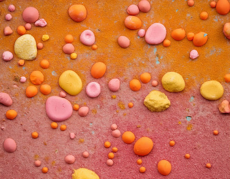 Colorful candy on the orange background. top view Copy space.の素材