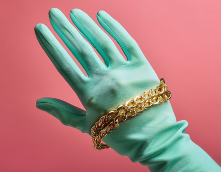 Hand in green latex glove with golden bracelets on pink background.の素材
