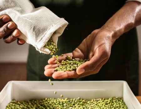 Close up of a man's hands pouring green peas into a containerの素材