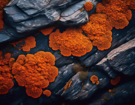 3d illustration of orange lichen growing on rocks in the wildの素材