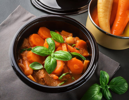 Bowl of delicious carrot stew with fresh basil on table, closeupの素材