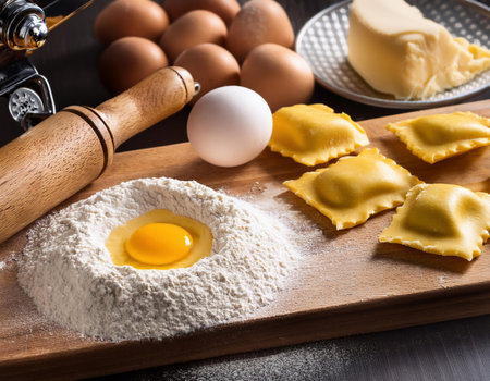 Homemade ravioli with flour and eggs on a wooden boardの素材