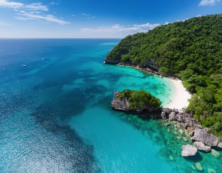 Aerial view of beautiful tropical island with white sand beach and turquoise seaの素材
