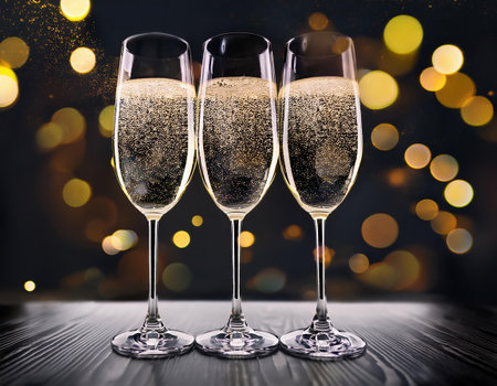 Glasses of champagne on bokeh background. New year celebrationの素材
