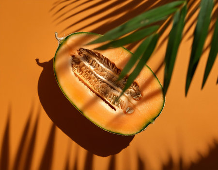 Melon with palm leaves on orange background. Minimal summer conceptの素材