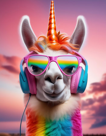 Funny alpaca listening to music with headphones and rainbow hairの素材