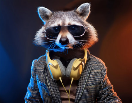 Portrait of a raccoon with headphones and sunglasses on a dark background.の素材