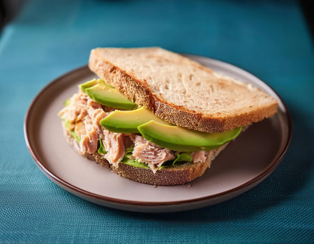 sandwich with tuna, avocado and rye bread on a blue backgroundの素材
