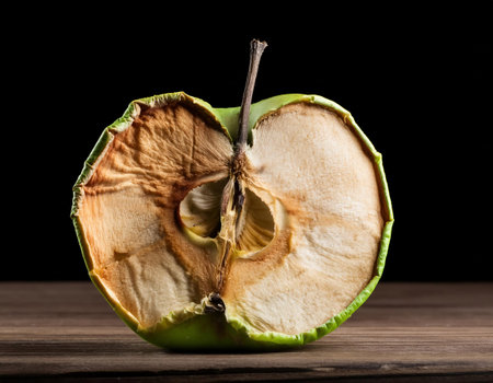 Sliced green apple on wooden table. Isolated on black backgroundの素材