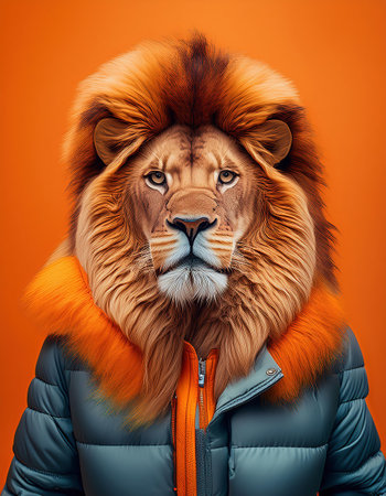 Portrait of a lion in a jacket on a orange background.の素材