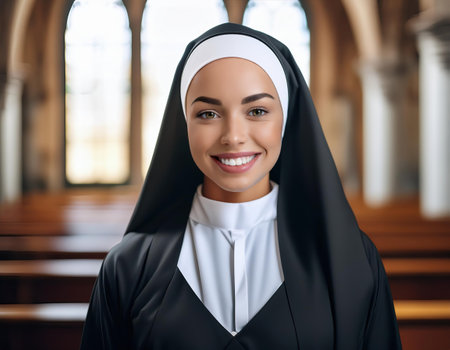 Portrait of beautiful young nun looking at camera and smiling while standing in churchの素材