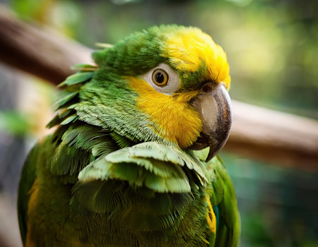 Beautiful green and yellow macaw parrot sitting on a branchの素材