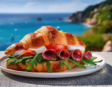 Croissant sandwich with salami and arugula on the table.の素材